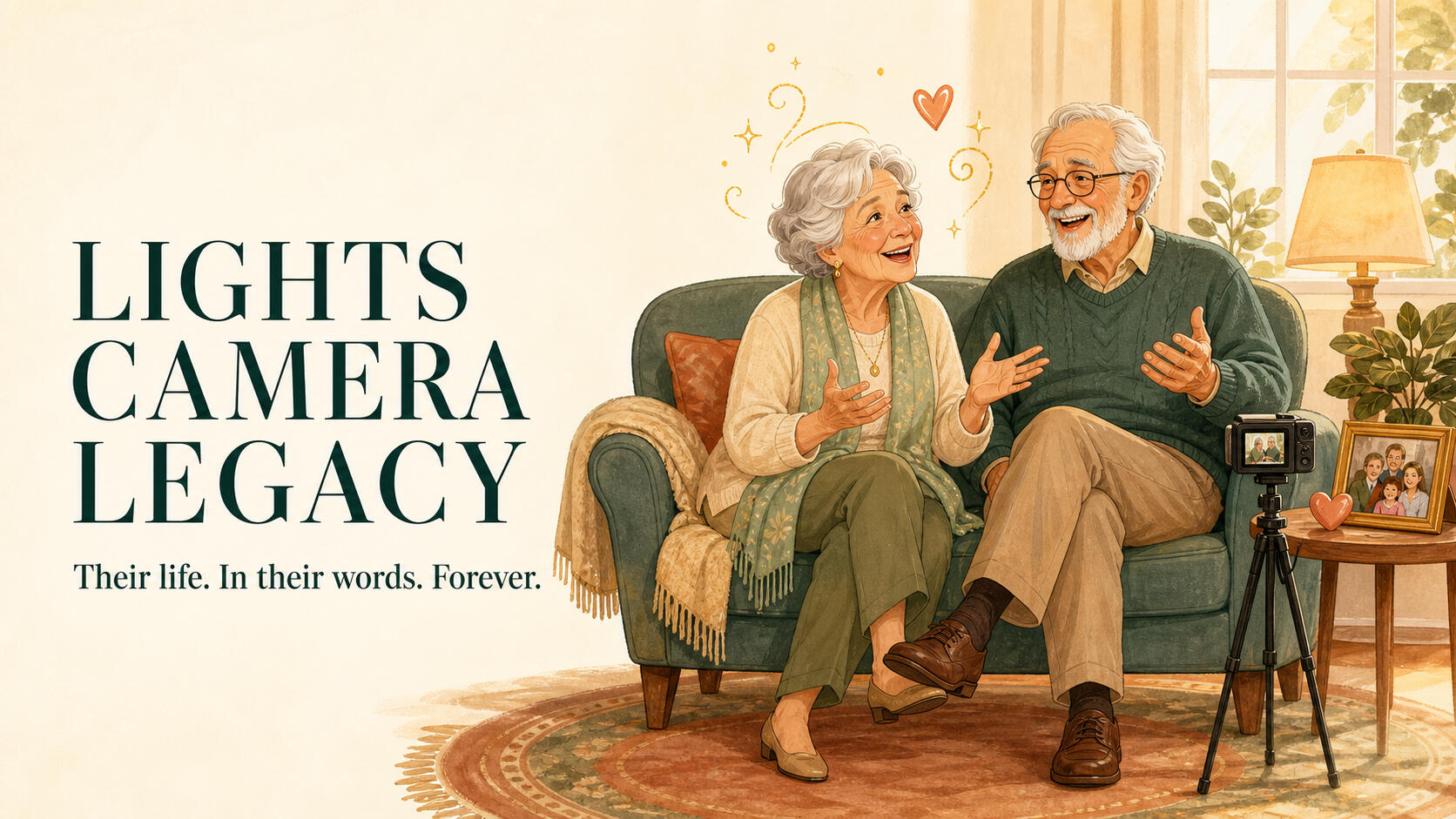 A warm illustration of a grandmother and grandfather laughing together while their life story is filmed at home