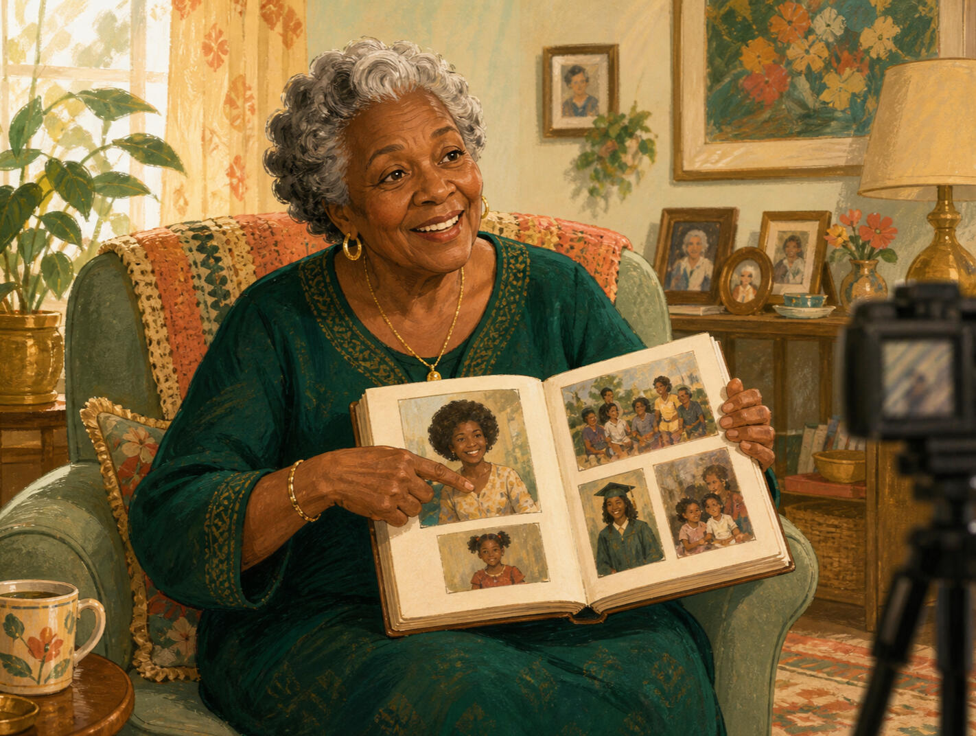 An illustrated Black grandmother smiling as she shares a photo album from her younger years during a filmed interview at home