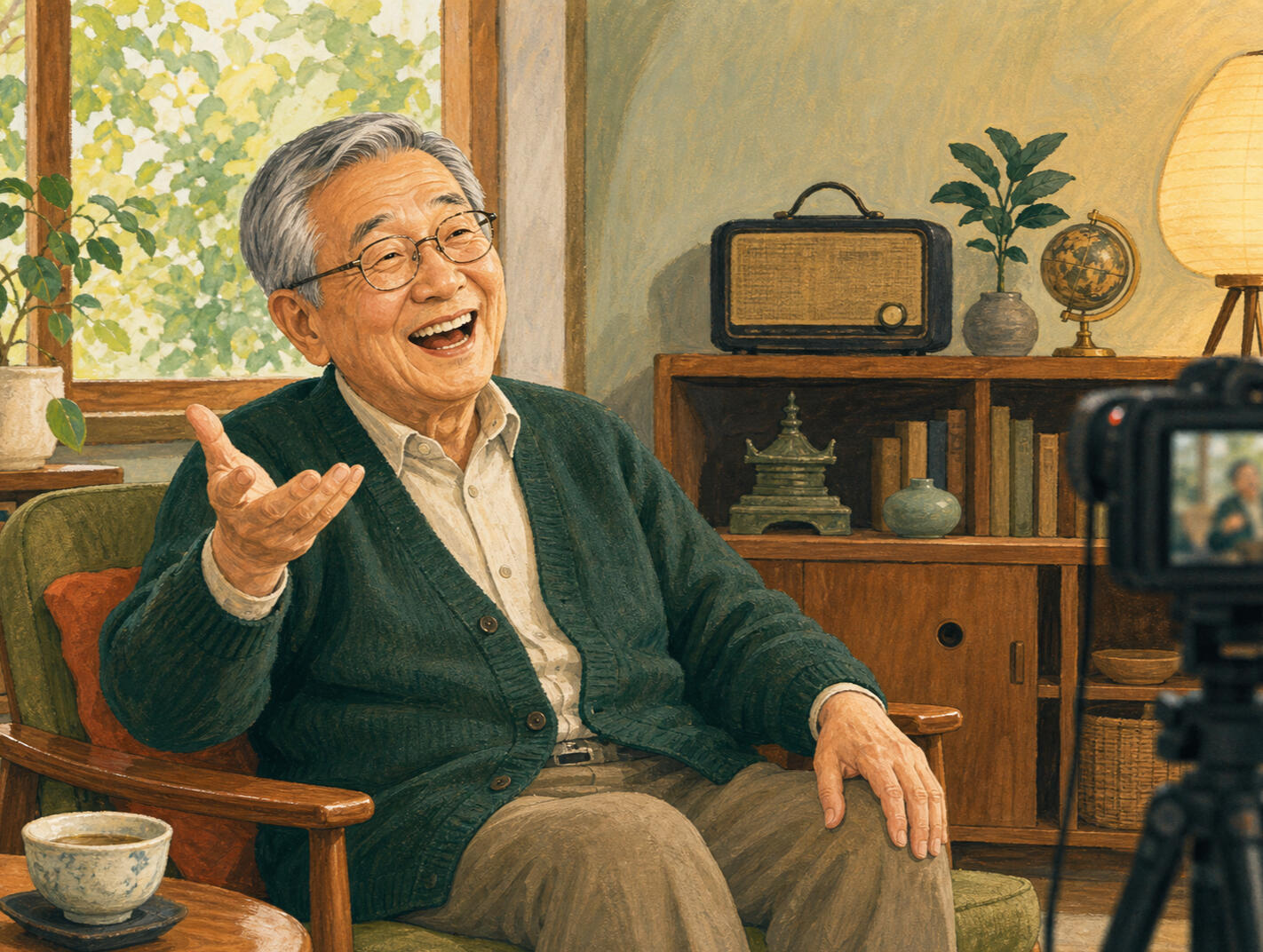 An illustrated East Asian grandfather laughing and gesturing as he tells a favorite story during a filmed interview in his home