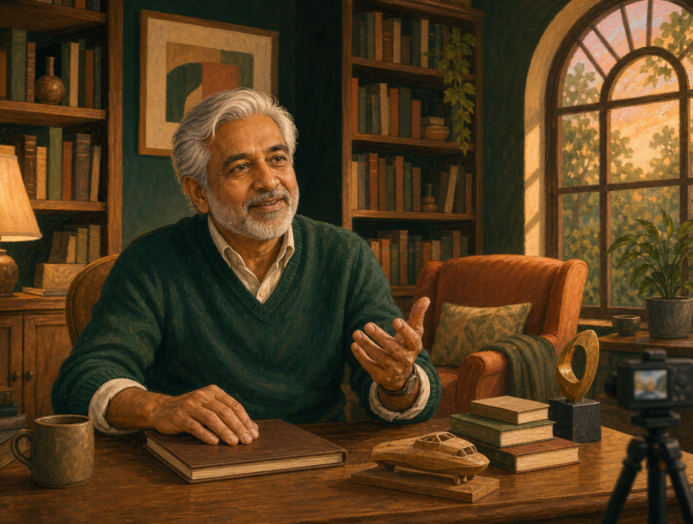 An illustrated successful South Asian older businessman reflecting on the company and career he built during a filmed interview in his home office