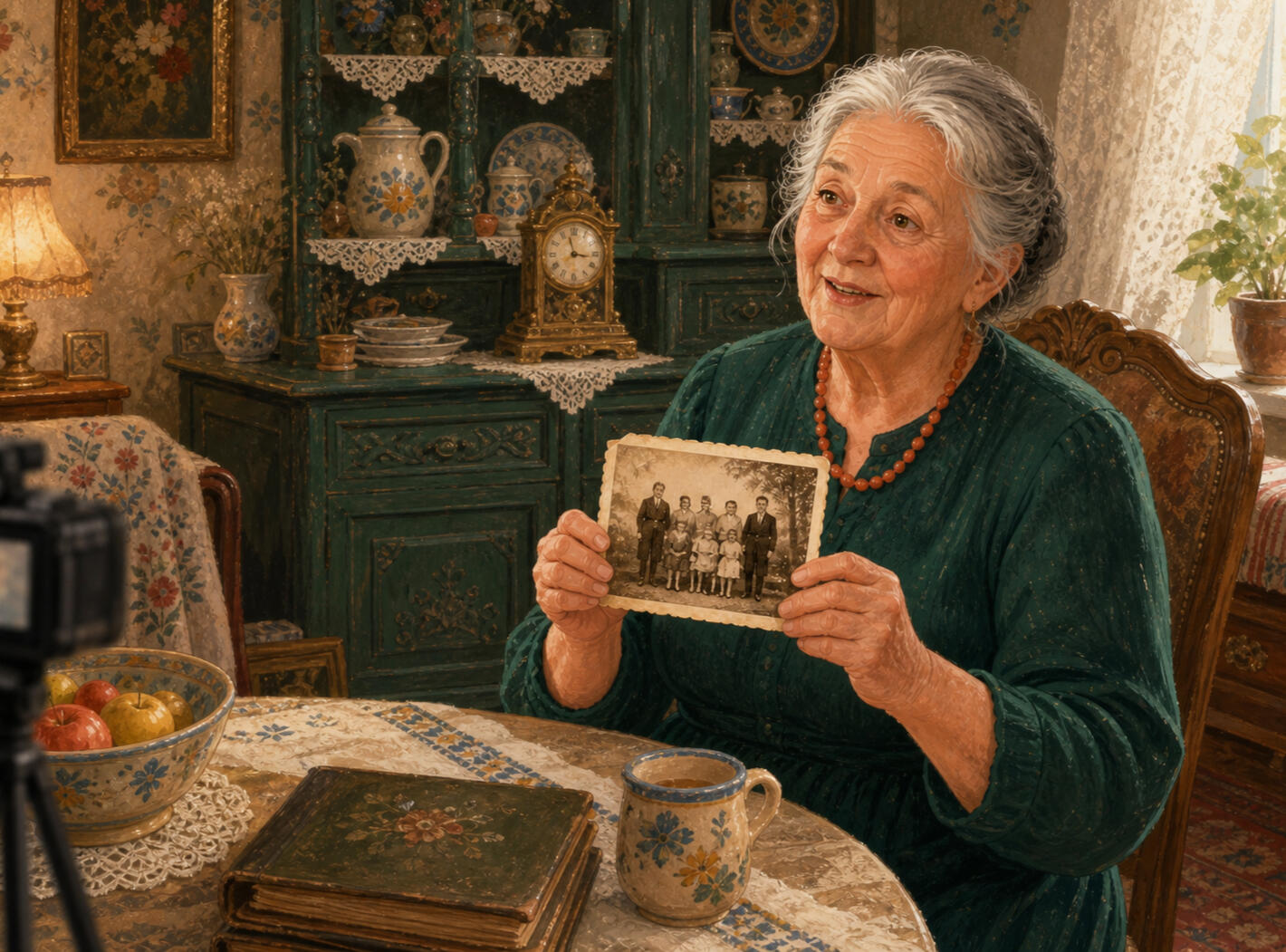 An illustrated Ukrainian elder sharing an old family photograph during a filmed interview in her richly vintage emerald home