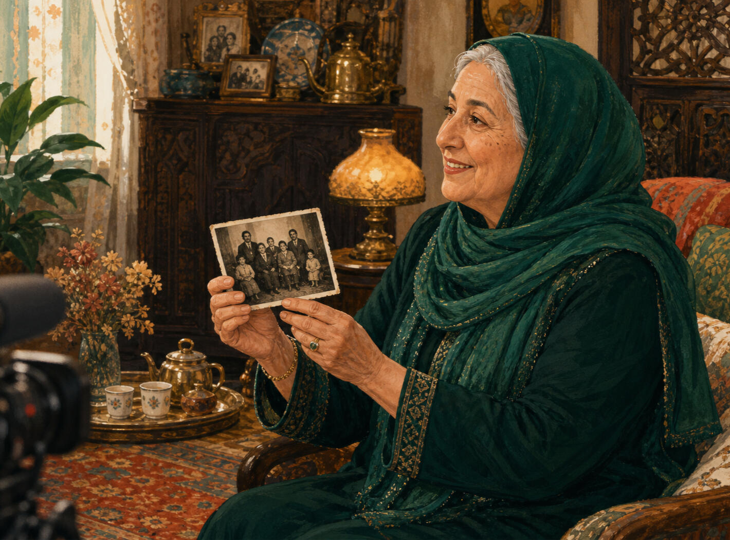An illustrated older Muslim woman in an emerald hijab sharing a treasured family photograph during a filmed interview in her vintage home