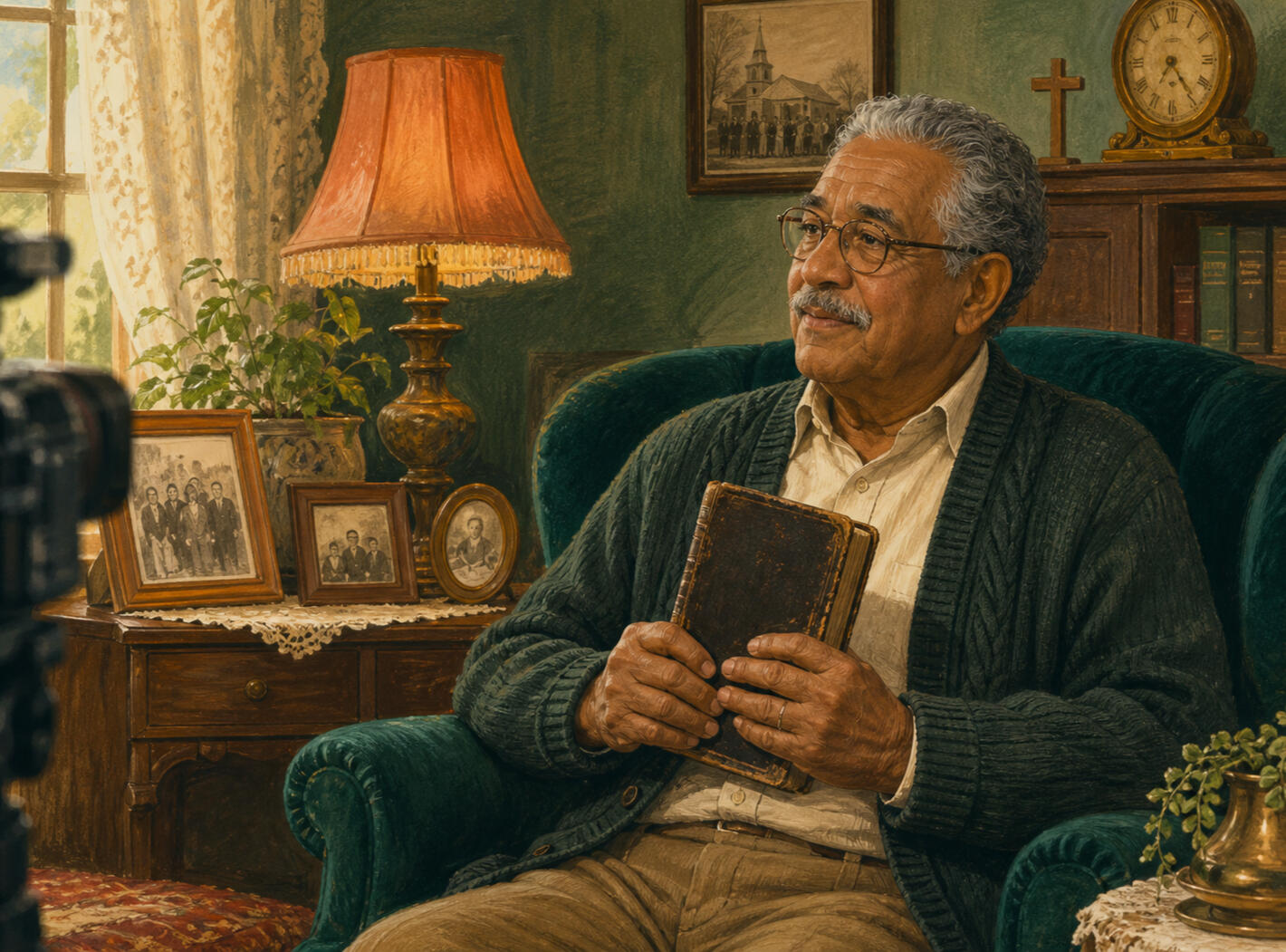 An illustrated older Christian man holding a worn family Bible during a filmed interview in his emerald vintage parlor